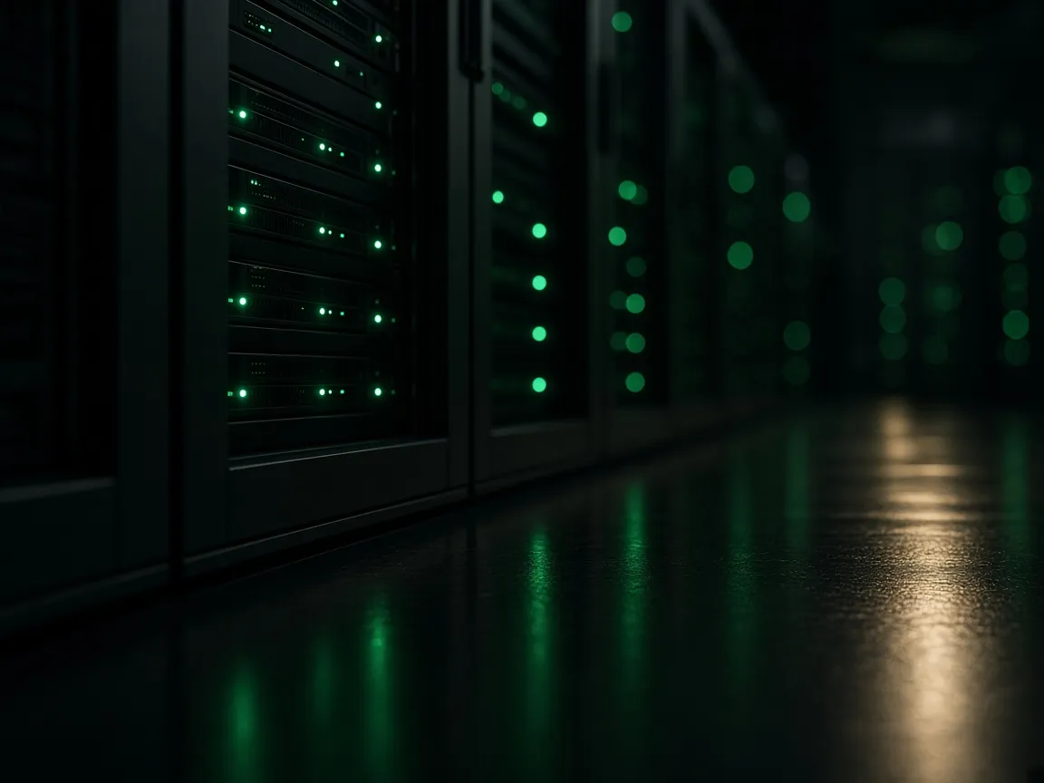 Rows of server racks with green status lights in a dark, secure data room